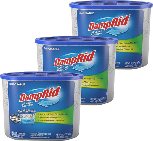 DampRid Fragrance Free Disposable Moisture Absorber with Activated Charcoal, 18 oz., 3 Pack, Moisture Absorber & Odor Remover, Lasts Up To 60 Days, No Electricity Required