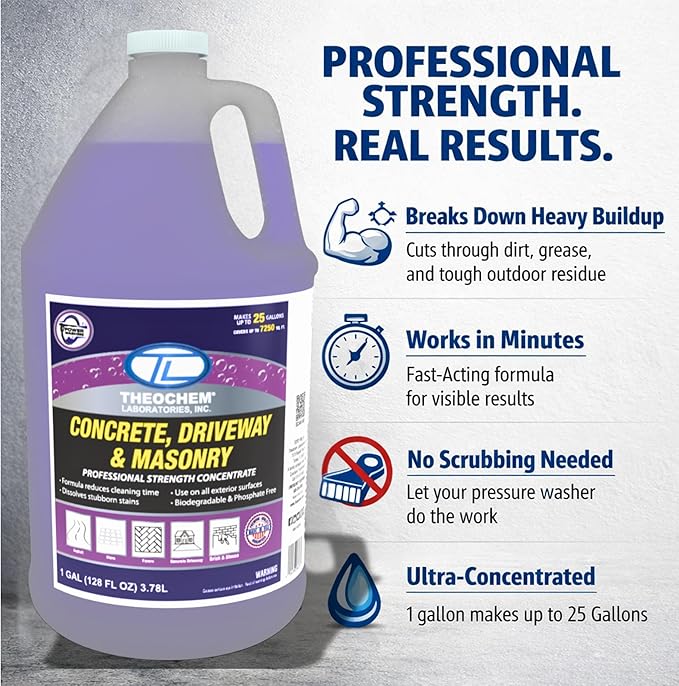 Concrete, Driveway & Masonry Cleaner for Pressure Washers Removes Oil, Grease & Dirt from Brick, Patios & Pavers Concentrate Makes up to 25 Gallons, up to 7250 Square Feet (1 Gallon)