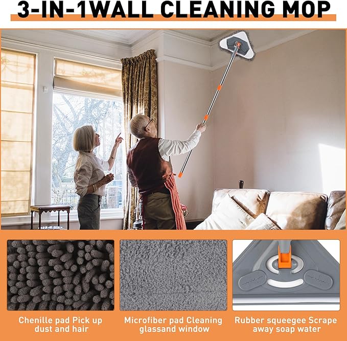 Wall Cleaner Mop with Adjustable 67" Long Handle, Sturdy Wall Washer Cleaner Tool for Walls/Ceiling Fans/Dust/Floors/Window, 360°Ceiling Cleaner Tool Duster with Squeegee 6 Replacement Pads