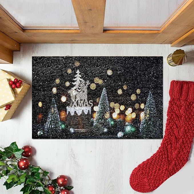 Xmas Tree Reindeer Christmas Door Mat, Xmas Rug Christmas Decorations, Non-Slip Reindeer Welcome Doormat for Front Door, Indoor Outdoor Holiday Rug for Home Kitchen Floor Christmas Decor 16 X 24 Inch