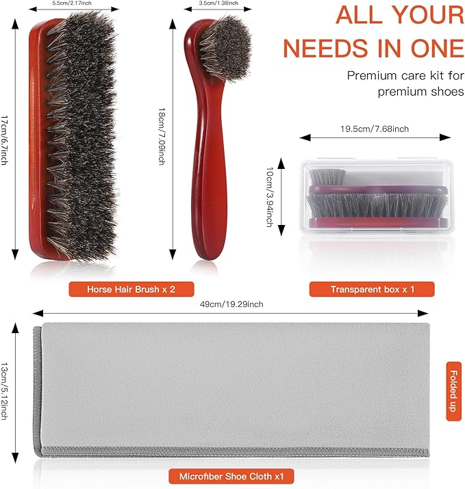 4Pcs Horsehair Shine Shoes Brush Kit, Horse Hair Brush for Leather, Cleaning Leather Shoes Boots Care Brushes with Microfiber Shoe Cloth, Horsehair Brush