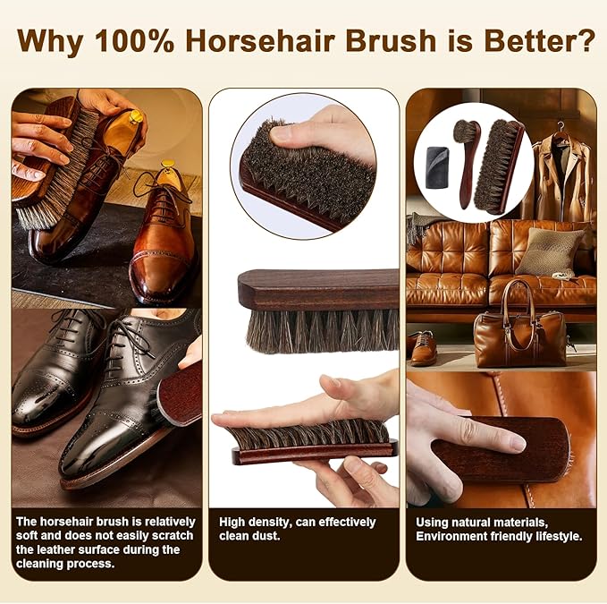 3-Piece 100% Horse Hair Shoe Brush Kit for Leather Care – Professional Dauber Applicators and Polishing Brushes with Cleaning Cloth for Leather Shoes, Boots, Bags, Jackets & Car Detailing