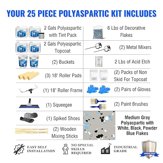 ArmorPoxy Polyaspartic Garage Floor Kit, 25Pc Fast Cure Epoxy Alternative, UV & Chemical Resistant, Low VOC, 2 Layer 1-Day Concrete Coating for DIY Garage, Driveway, Patio | 500 SQ Ft | Medium Gray