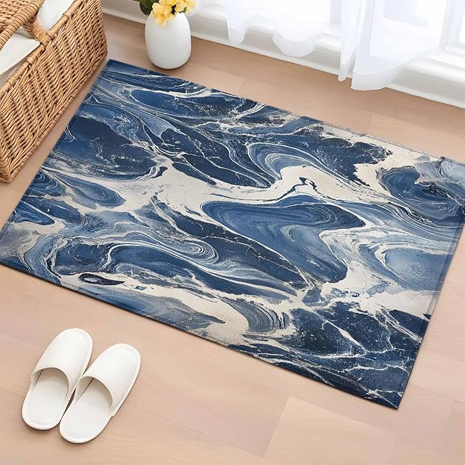 Impressionist Style Entryway Rug 2'x3', White Blue Blurred Wash Small Area Rug Non-Slip Front Door Mat Washable Floor Carpet for Indoor Entrance Kitchen Bathroom