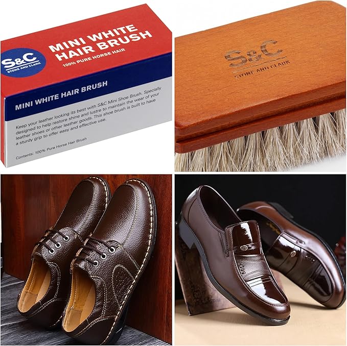 Mini 4" Shoe Brush - Portable Horse Hair Boot Brush w/Natural Wood Handle - Soft Bristle Shoe Shine Brush for Cleaning, Buffing & Polishing Leather Shoes - Travel-Friendly Size
