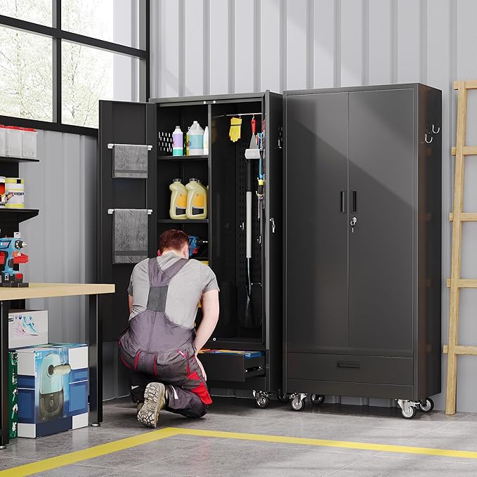 Reemoon Broom Closet Storage Cabinet with Wheels and Drawer,Garage Storage Cabinet with Magnetic Doors,Pegboard and Adjustable Shelves for Garage Home,Required Assembly,Black