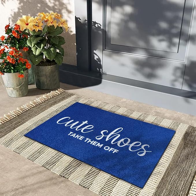 Outdoor Welcome Mat for Funny Outside Home Entry Mats Cute Shoes Take Them Off Entryway for Bedroom Shoe Scraper Non Slip Mats for Front Home Door Outside Blue