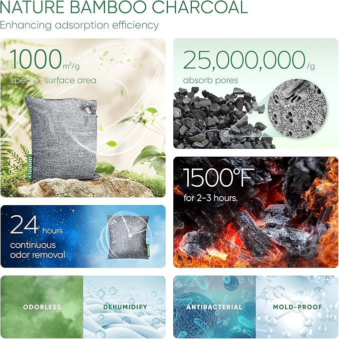Activated Charcoal Odor Absorber,Large 12 Pack w Hooks Nature Odor Eliminator for Strong Odor, Bamboo Charcoal Air Purifying Bags,Moisture Absorbers for Fresh Home Car Closet Pet,Smoke Room Deodorizer