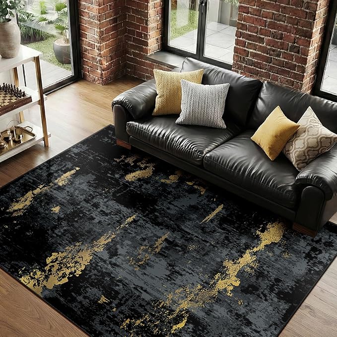 RELEANY Washable Area Rugs 6'x9' Non-Slip Modern Abstract Soft for Living Room Entryway Bedroom Nursery, Print Pattern, Dark Black Gold