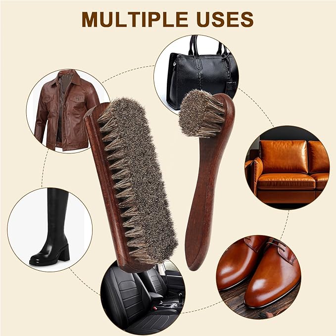 3-Piece 100% Horse Hair Shoe Brush Kit for Leather Care – Professional Dauber Applicators and Polishing Brushes with Cleaning Cloth for Leather Shoes, Boots, Bags, Jackets & Car Detailing