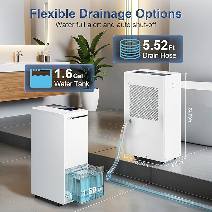 Max 100 Pint Portable Dehumidifier 5500 Sq.Ft, Dehumidifier with Drain Hose for Basement&Home, 204 OZ Water Tank, Auto Defrost, Smart Humidity Control, Energy Efficient&Quiet for Large Room Bathroom