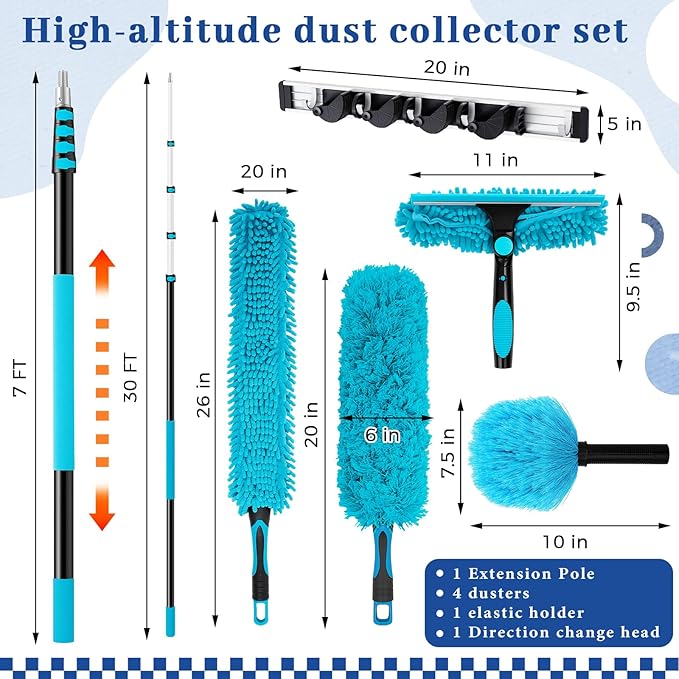 36ft Extra Long High Ceiling Duster with Extension Pole, Long Reach Cleaning Kit for Ceiling Fans, Windows & Cobwebs, Telescoping Pole with 6 Attachments for Home Church Warehouse Cleaning