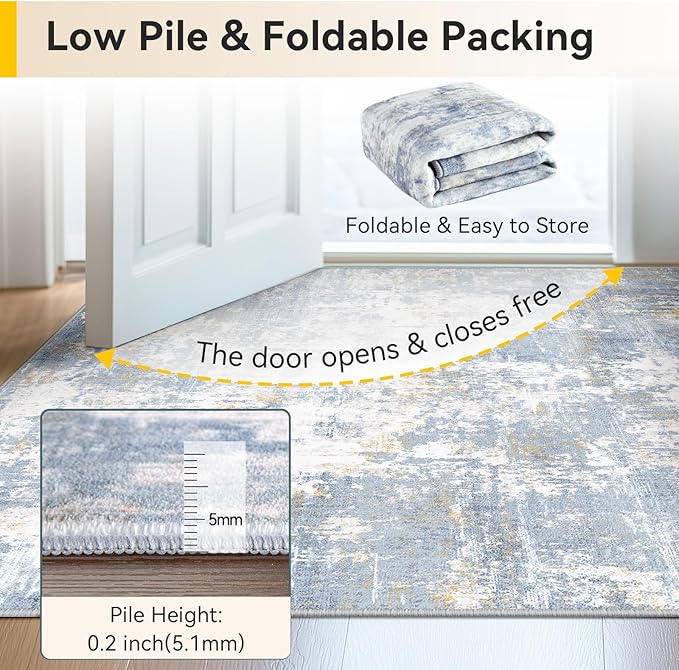 RELEANY Washable Area Rugs 6'x9' Non-Slip Modern Abstract Soft for Living Room Entryway Bedroom Nursery, Print Pattern, Light Blue