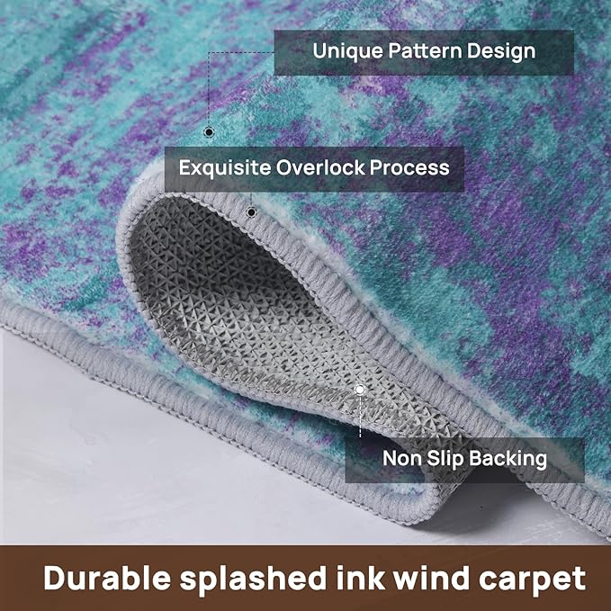 Abstract 6x9 Area Rug, Modern Teal Purple Throw Rugs for Living Room, Washable Soft Large Non-Slip Accent Carpet Floor Mat for Dining Room Office Bedroom - Teal+Purple