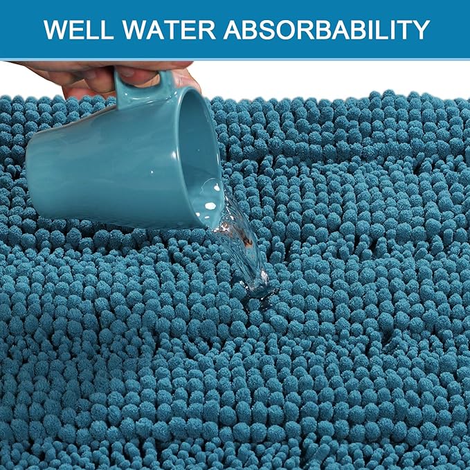H.VERSAILTEX Turquoise Bathroom Rug, 2 Piece Bathroom Rug Set Slip-Resistant Extra Absorbent Soft and Fluffy Thick Striped Bath Mat Shag Floor Mat(Turquoise Blue, 20" x 32"/17" x 24")