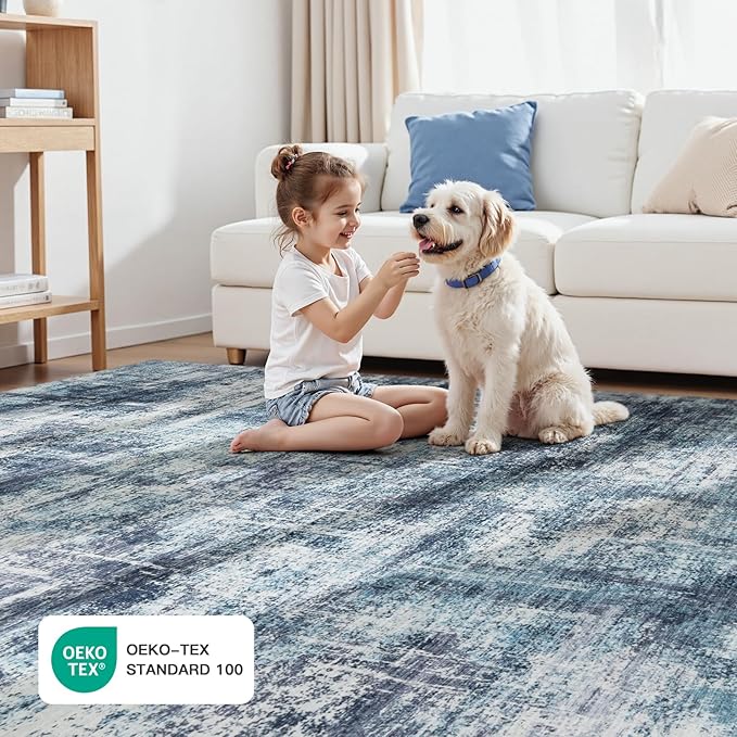 Lofus 8x10 Area Rug for Living Room, Blue Abstract Large Rugs with Non-Slip Backing, Neutral Modern Washable Carpet for Bedroom Dining Room Home Office Nursery Indoor