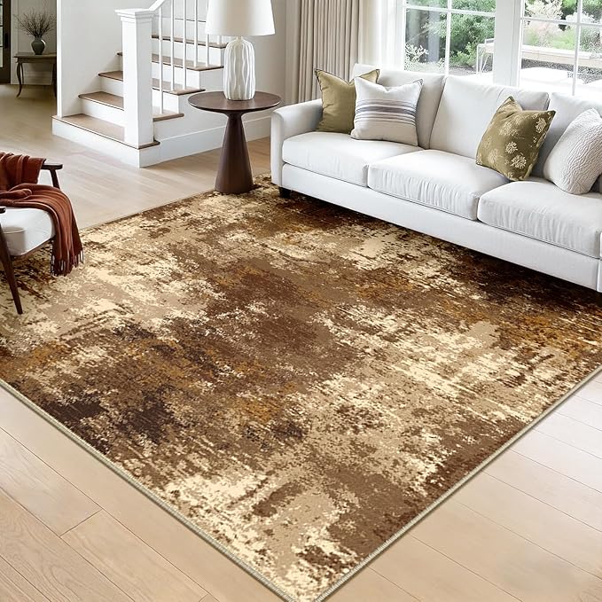 RELEANY Washable Area Rugs Square 8ft Non-Slip Modern Abstract Soft for Living Room Entryway Bedroom Nursery, Print Pattern, Brown Tan Beige Coffee