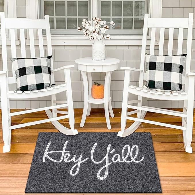 Door Mats Outdoor Welcome Hey Y'all Doormats for Front Door Indoor Entrance Low Profile Non Slip Rubber Heavy Duty Backing Mats Outside Entry Mat Decor for Patio 36" x 24" Gray