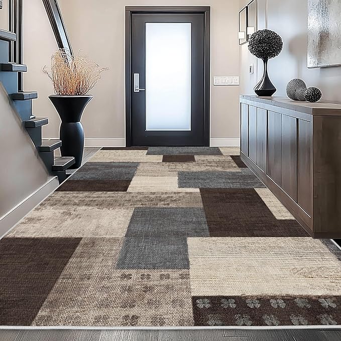 Modern Geometric Patchwork Indoor Area Rug for Living Room, Blue-Taupe 4'x 6' Large Rug Rockwood Collection Hardwood Floors Decor for Bedroom, Blue Throw Carpet for Office Entryway Dining Room
