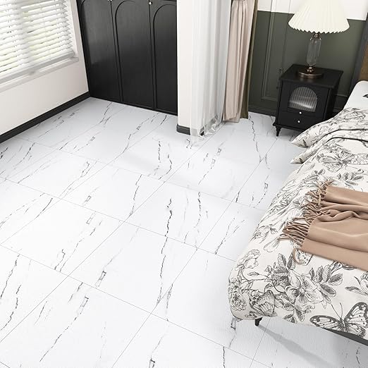 Wallercity Bathroom Marble White Peel and Stick Floor Tile Vinyl Flooring Tile for Kitchen 12''x12'' Non-Slip Shower Sheets Stick on Floor Tiles 5PCS Thick Waterproof Marble Tiles for Bedroom Corridor