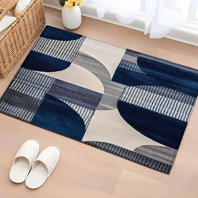Modernism Entryway Rug 2'x3', Blue White Geometric Abstract Design Small Area Rug Non-Slip Front Door Mat Washable Floor Carpet for Indoor Entrance Kitchen Bathroom