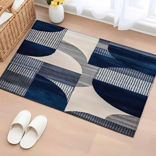 Modernism Entryway Rug 2'x3', Blue White Geometric Abstract Design Small Area Rug Non-Slip Front Door Mat Washable Floor Carpet for Indoor Entrance Kitchen Bathroom