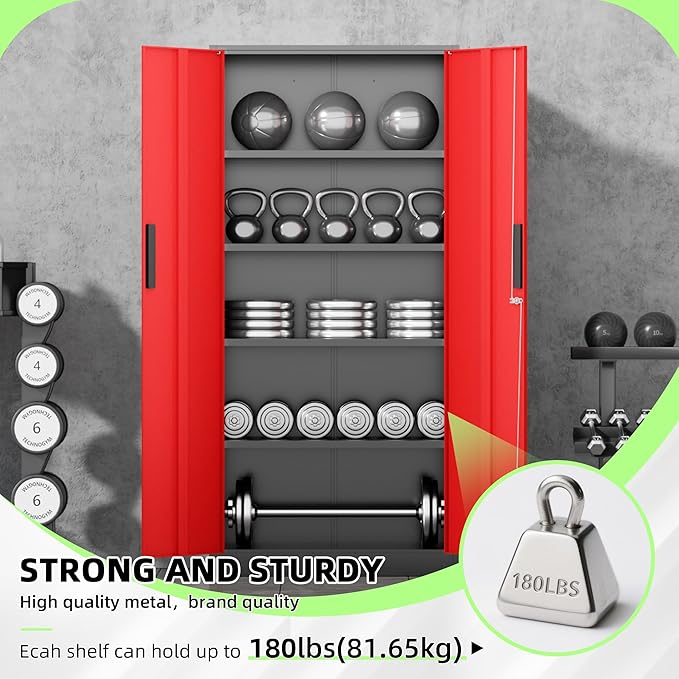 Bonusall 72" Metal Garage Storage Cabinet - 900lbs Heavy Duty Steel Cabinet with 3-Point Locking System & 4 Adjustable Shelves, Lockable Tall Storage for Garage, Office, Warehouse - Black & Red