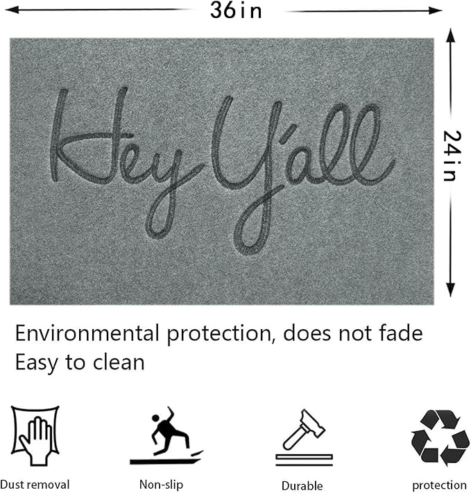 Mats Outdoor Front Door Mat Indoor Entrance with Non Slip Rubber Back Funny Durable Heavy Duty Backing Hey Y'all Doormats Entryway, Light Gray 36" x 24"