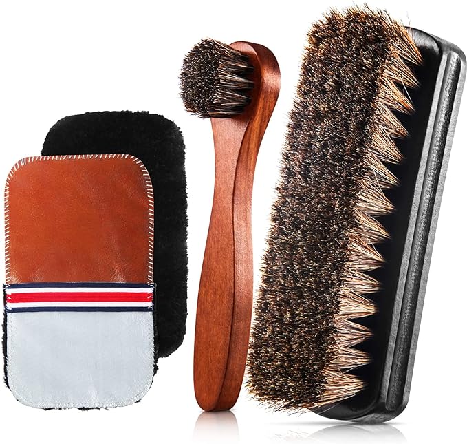 4 Pcs Horsehair Shine Shoes Brush Kit Polish Dauber Applicators Cleaning Leather Shoes Boots Care Brushes Suede Cleaner Brush with Microfiber Shoe Gloves(4 Pcs Style D)
