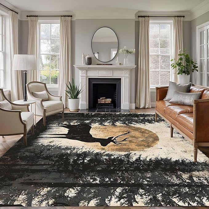 Deer 6'x9' Large Area Rugs, Elk Silhouette Washable Area Rugs Non-Slip Indoor Floor Mats Large Carpet for Living Room Bedroom Dining Room