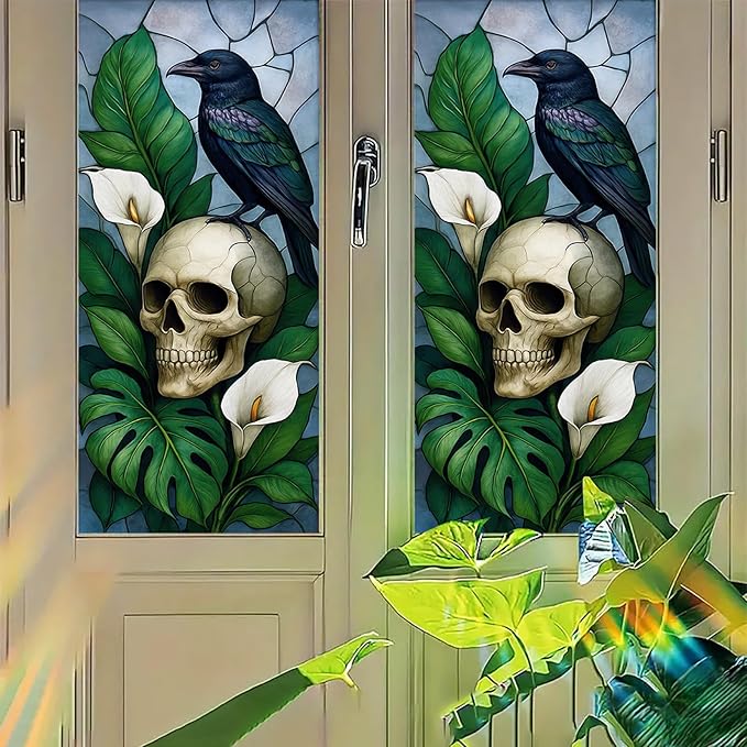 Gothic Raven Skull Privacy Film Static Cling Stained Glass Panel No Glue Decorative Cover for Halloween Door Studio Bathroom Partition 17.7x39.3 inch