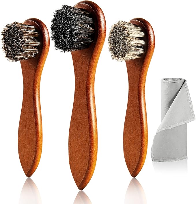 Unekez 4-Piece Horse Hair Shoe Brush Shine Kit, Shoe Polish Brush, Leather Shoes Boot Cleaning Brushes Care Clean Dauber Applicator