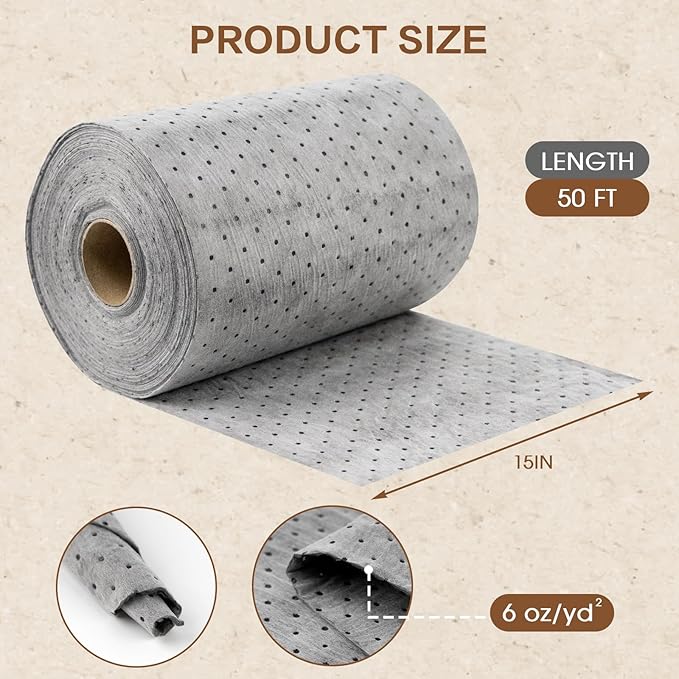 Oil Absorbent Pads Roll, Oil Absorbent Mat 15" x 50' Heavy Duty for Industrial Garage Leaks & Drips, 6 oz Polypropylene Spill Cleanup Absorber