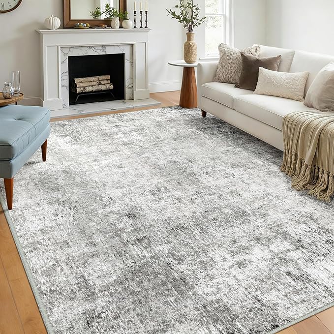 RELEANY Washable Area Rugs 9'x12' Non-Slip Modern Abstract Soft for Living Room Entryway Bedroom Nursery, Print Pattern, Gray White Grey
