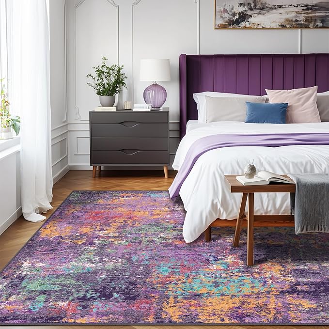 RELEANY Washable Area Rugs 5'x7' Non-Slip Modern Abstract Soft for Living Room Entryway Bedroom Nursery, Print Pattern, Purple Orange Blue Green Rust Red Colorful