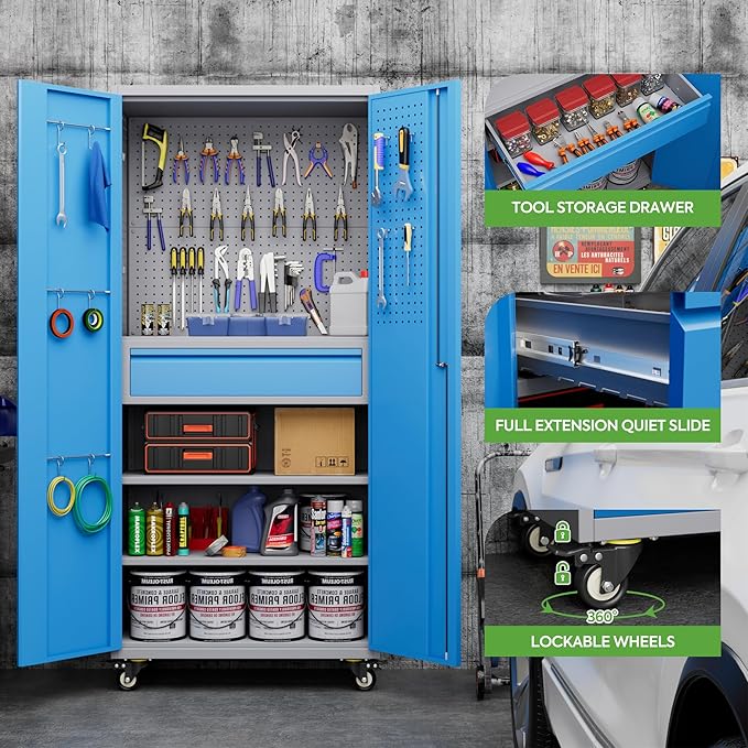 Reemoon 71" H Metal Garage Storage Cabinet with Wheels and Doors,Rolling Tool Cabinet with Pegboard,Rod and Drawer for Garage Warehouse Home,Required Assembly,Grey and Blue