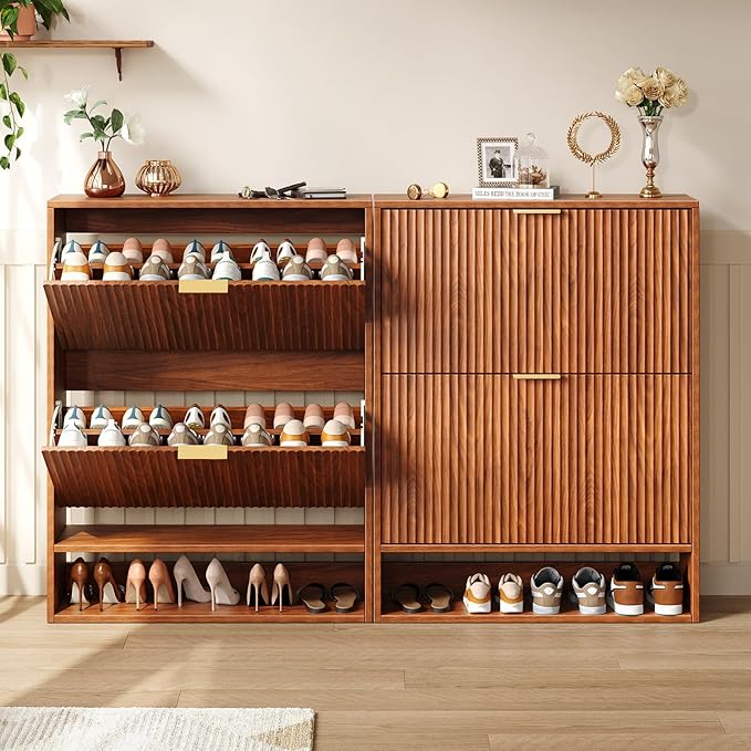 Hootata 31.5''W Walnut Shoe Storage Cabinet for Entryway with 2 Flip Drawers, Narrow Wood Fluted Shoe Rack Cabinet,Freestanding Slim Shoe Organizer Cabinet for Foyer, Hallway