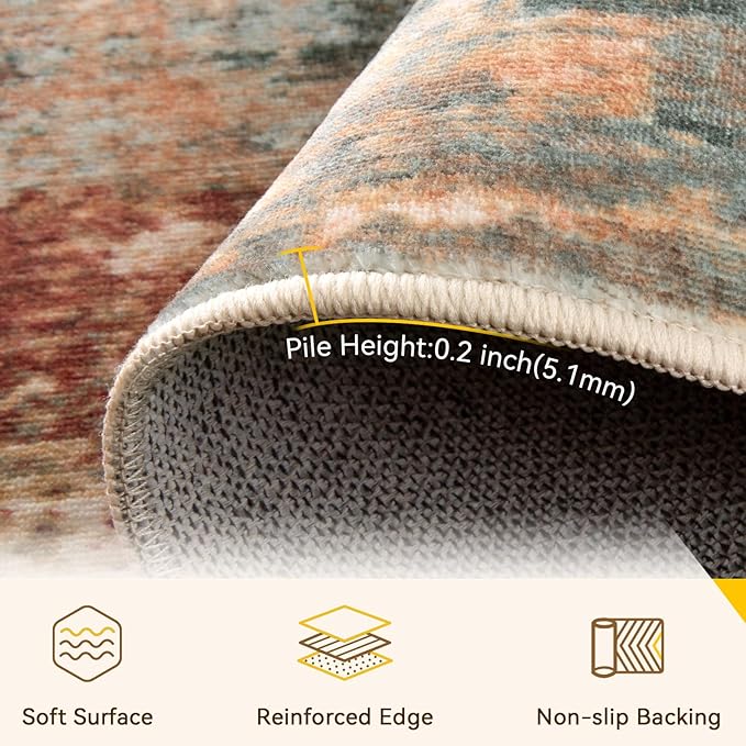 RELEANY Washable Area Rugs 6'x8' Non-Slip Modern Abstract Soft for Living Room Entryway Bedroom Nursery, Print Pattern, Brown Rust Red Green Blue Multi