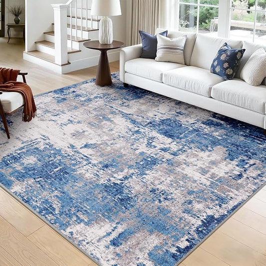 RELEANY Washable Area Rugs Square 9ft Non-Slip Modern Abstract Soft for Living Room Entryway Bedroom Nursery, Print Pattern, Blue Grey Navy Gray