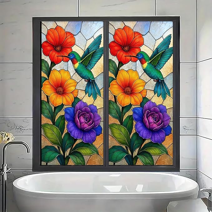Colorful Bird Flower Privacy Film Stained Glass Style Static Cling No Glue Decorative Panel Light Filtering Cover for Kitchen Door Studio Entryway 17.7x39.3 inch