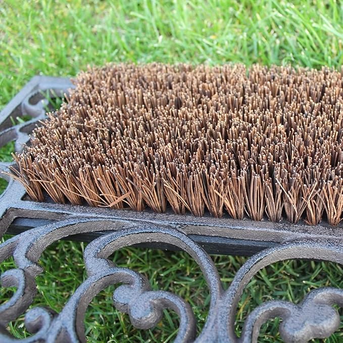 Heavy Duty Cast Iron Door Mat with Shoe Scraper Brush, 22.8"×14.5", Floral Pattern Non-Slip Entryway Rug for Outdoor Shoe Cleaning