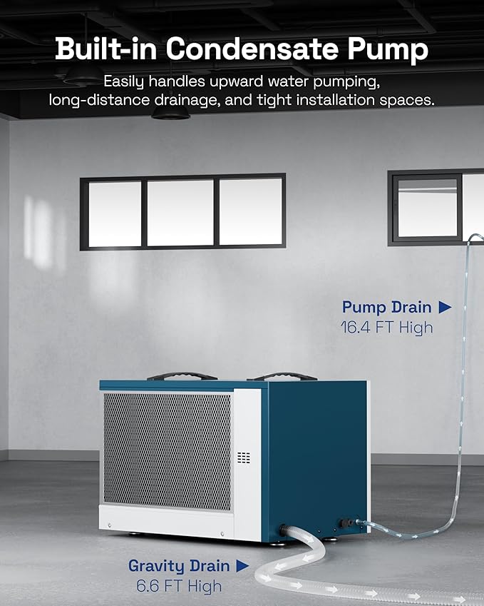 HBN Crawl space Dehumidifier 125 Pints with Pump and Drain Hose, Industrial Dehumidifier for Basement and Commercial up to 5900 Sq. Ft, Large Capacity, Built-in 24-Hour Timer