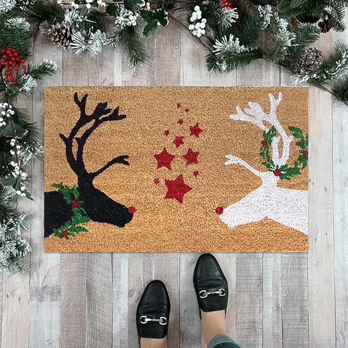 Reindeer Christmas Door Mat, Xmas Rug Christmas Decorations, Non-Slip Reindeer Welcome Doormat for Front Door, Indoor Outdoor Holiday Rug for Home Kitchen Floor Christmas Decor 16 X 24 Inch