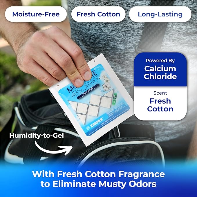 Zarpax Moisture Absorber Sachets Fresh Cotton 1.4 oz/40g - Remove Excess Moisture In Air & Odor - Desiccant Dehumidifier for Closet, Drawer, Safe, Storage - Dampness & Humidity Control - Set of 15