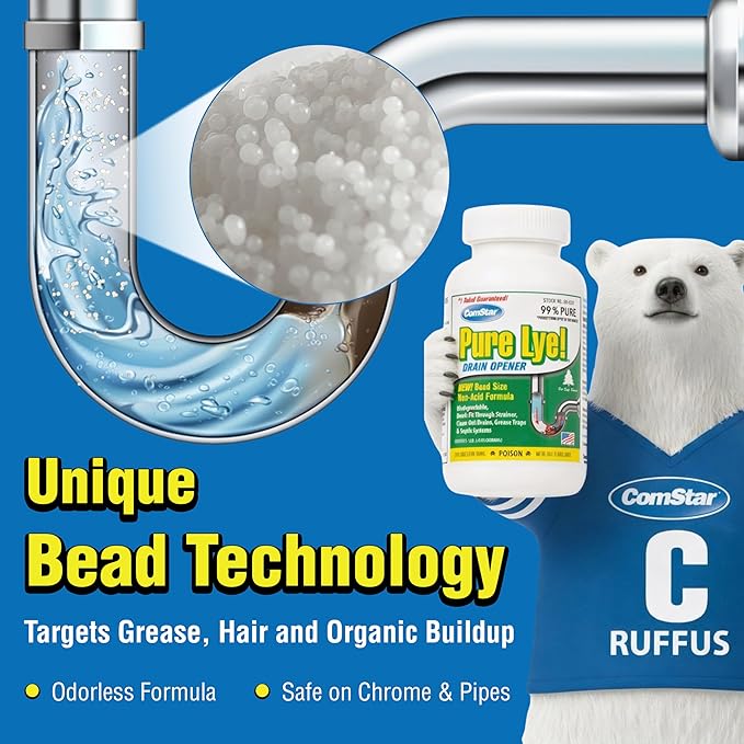 ComStar Pure Lye, 2 lb, Unique Sodium Hydroxide Beads | Drain Opener & Soap Making | Biodegradable, Eco-Friendly (Pack of 12)