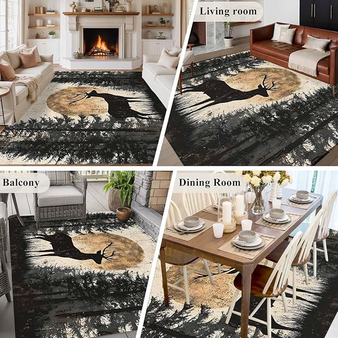Deer 6'x9' Large Area Rugs, Elk Silhouette Washable Area Rugs Non-Slip Indoor Floor Mats Large Carpet for Living Room Bedroom Dining Room