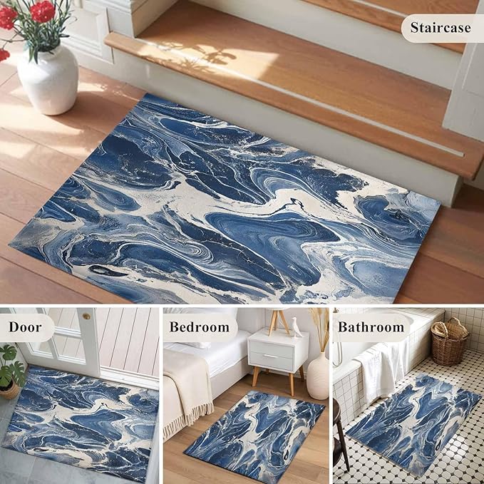 Impressionist Style Entryway Rug 2'x3', White Blue Blurred Wash Small Area Rug Non-Slip Front Door Mat Washable Floor Carpet for Indoor Entrance Kitchen Bathroom