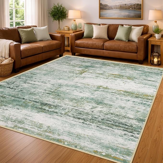 6x9 Abstract Area Rugs for Living Room, Modern Washable Indoor Rug for Bedroom, Thin Soft Large Non-Slip Carpet for Dining Room Home Office Farmhouse Decor - Abstract Army Green