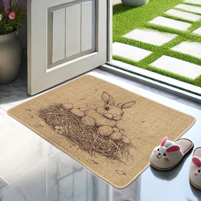 Spring Bunny Beige Rabbit for Easter Doormat Bath Mat Welcome Rug Non-Slip Dust Floor Seasonal Spring Summer Mats for Kitchen Office Farmhouse Yard Front Hall Lawn 16x24 inch