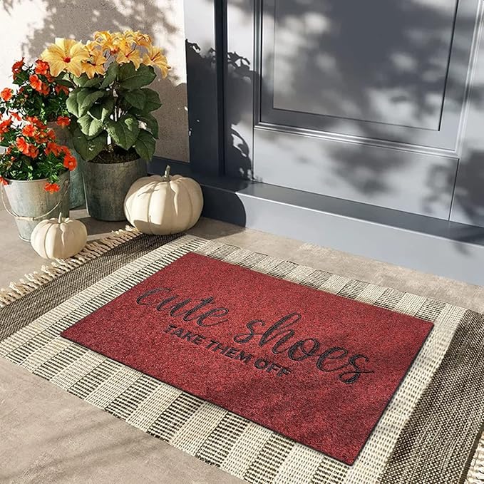 Entryway Cute Shoes Take Them Off Outdoor Mats with Rubber Backing Doormat Indoor Mat Polystyrene Backing Non Slip Natural Mat 18x28 inch Red